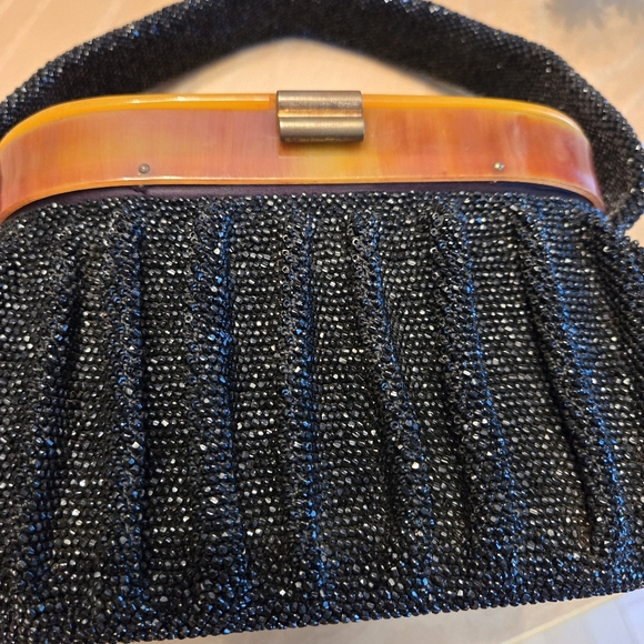 Rare Find Vintage Black Heavily Beaded & Pleated Box Purse 1940s - Picture 7 of 17